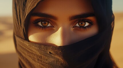 Fototapeta premium Close up of a woman face with a black veil and beautiful eyes looking forward background wallpaper AI generated image