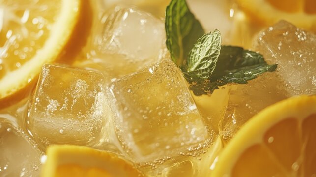Close-up of a cool lemonade cocktail with ice cubes, fresh mint, and orange slices, ideal for a summer beverage promotion