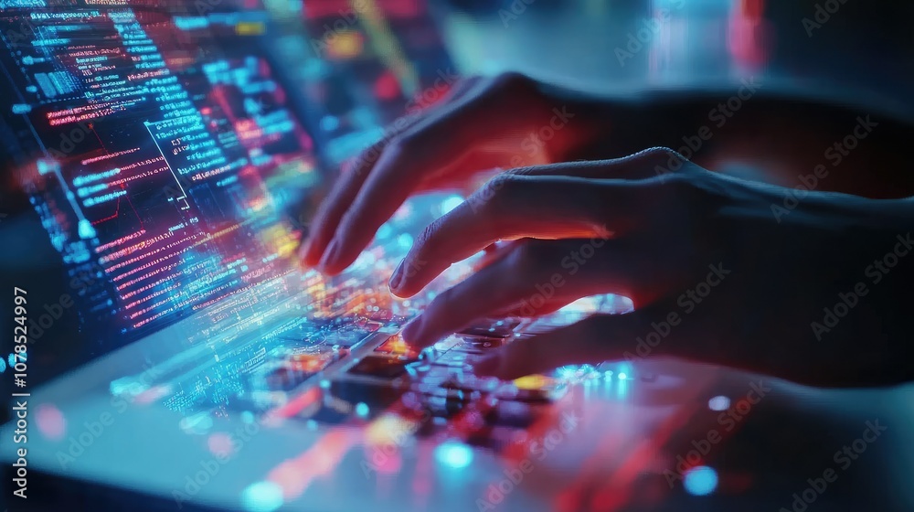 Poster Close-up of hands on a laptop, with graphs and data flowing, representing intelligence-driven business transformation