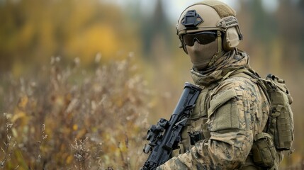 Fototapeta premium Special forces soldier full gear helmets and mask modern technology background wallpaper AI generated image