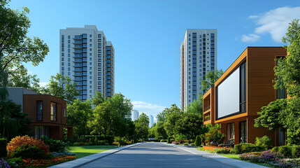 3D Illustration of Modern Cityscape with Buildings and Trees