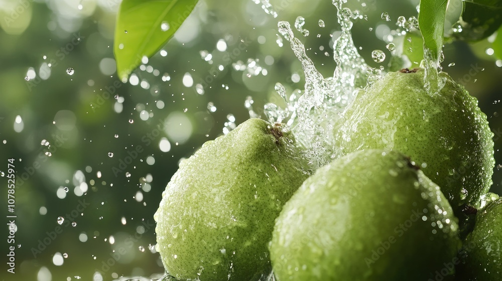 Aufkleber fresh guava fruit being splashed with water, droplets sparkling in the air against a rich green back