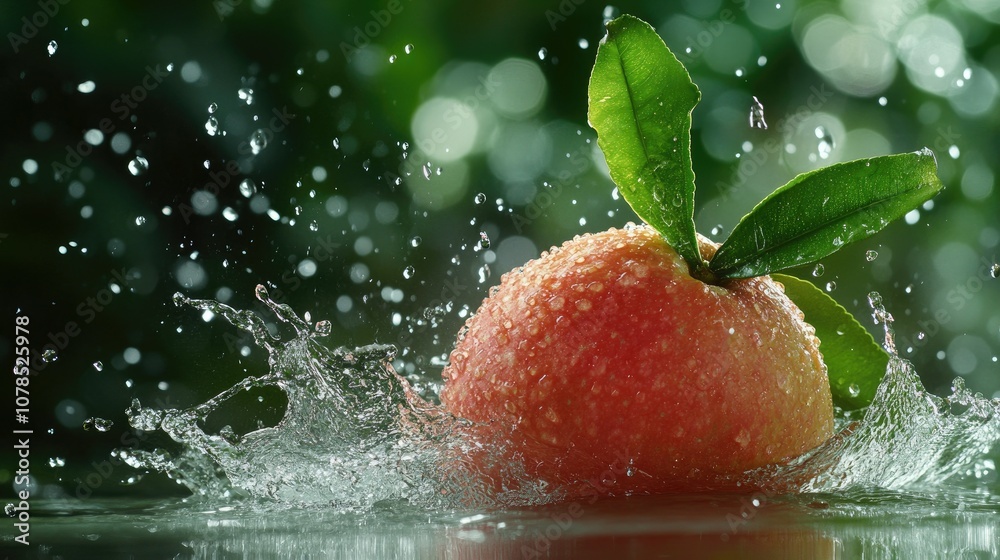Poster Fresh guava fruit being splashed with water, droplets sparkling in the air against a rich green backdrop, creating a refreshing and lively scene
