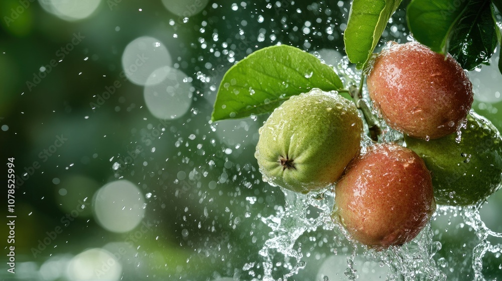 Aufkleber fresh guava fruit being splashed with water, droplets sparkling in the air against a rich green back