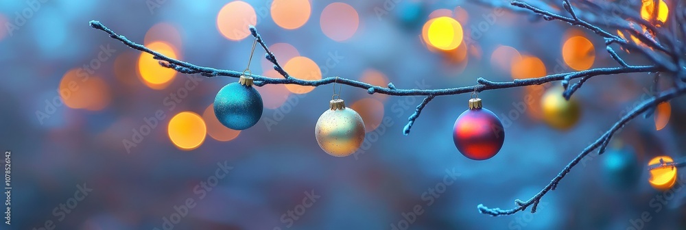 Poster vibrant christmas ornaments dangle from branches, creating a joyful atmosphere enhanced by soft glow