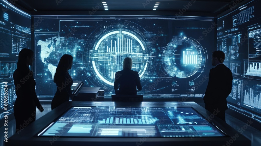 Poster futuristic business team analyzing data charts on digital screens, showcasing integrated technology 