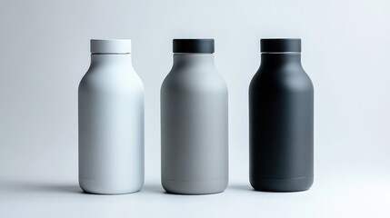 High-end thermos bottle in white, gray, and black colors, placed on a smooth white surface for a clean aesthetic