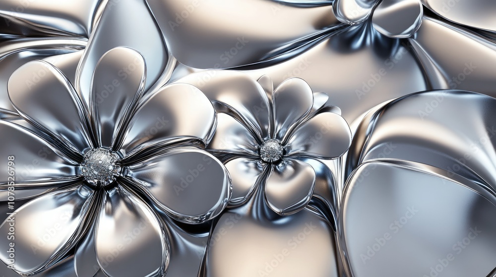 Aufkleber metallic-textured abstract flowers with 3d render effects, capturing a sophisticated blend of nature