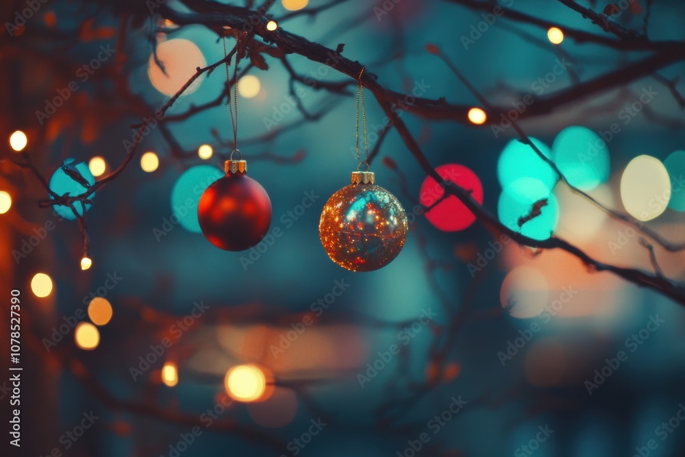 Aufkleber brightly colored ornaments adorn a bare branch, glowing against a backdrop of twinkling holiday ligh