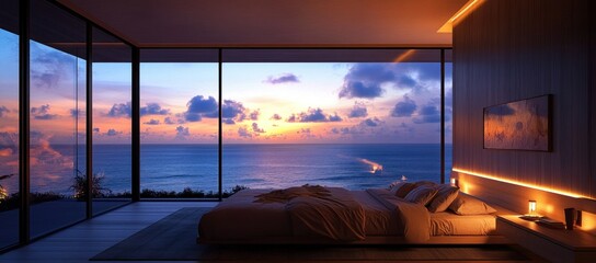 Fototapeta premium Ocean View Bedroom at Sunset