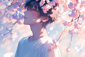 Anime Boy Surrounded by Pink Flowers