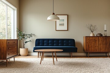 Mid century Modern Interior in the living room with minimalist, blue sofa and wood cabinet and pendant lighting. Generative AI

