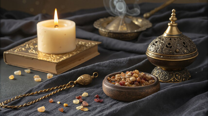 Candle and incense with resins and religious items on dark cloth.
