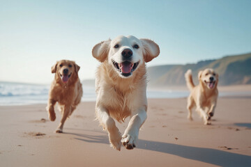 Joyful Dogs of Different Breeds Running on the Beach