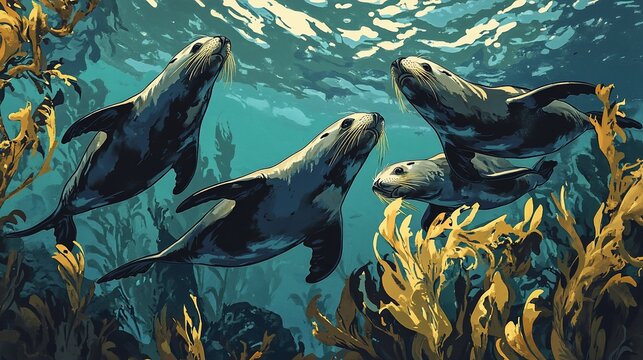 Four seals swim upwards in a kelp forest.