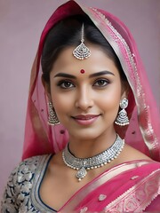 Indian bride wearing embroidered pink saree with blouse and jewellery