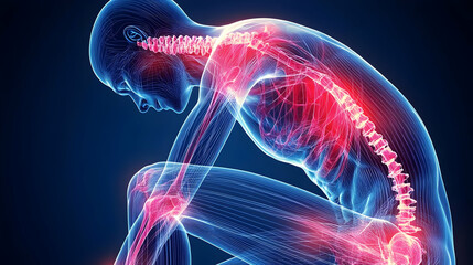 3D Illustration of Human Body with Spine Pain
