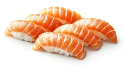 Top-down view of freshly prepared salmon sushi nigiri with a rich, pink fish slice on sticky white rice, emphasizing the high-quality ingredients