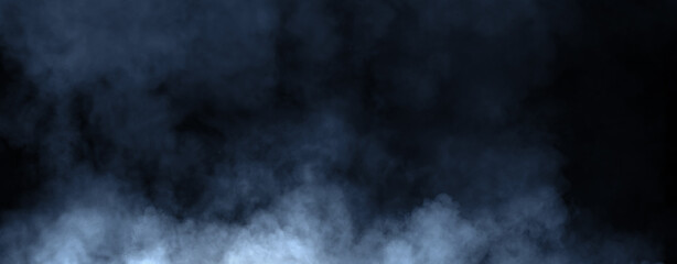Panoramic view blue misty fire smoke on isolated background. Abstract texture overlays for copyspace. Stock illustration.