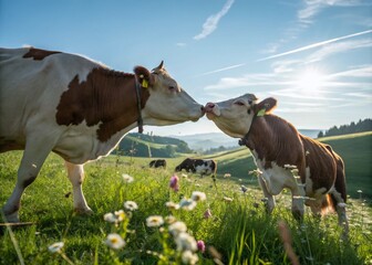 Heartwarming Moments of Cow Love in a Pastoral Setting Captured in Candid Photography - A Celebration of Nature's Gentle Giants and Their Bonds