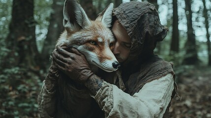 A portrait of a man and a fox embracing in a mystical forest. The image evokes themes of companionship, harmony with nature, and the deep bond between humans and animals. Perfect for nature lovers.