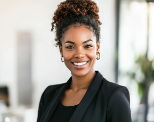 A beautiful, smiling African American businesswoman standing in an office,...