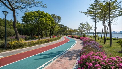Obraz premium High Depth of Field Image of a Scenic Bike Lane Surrounded by Lush Greenery, Inviting Pedestrians and Cyclists for a Perfect Outdoor Experience in a Peaceful Urban Environment