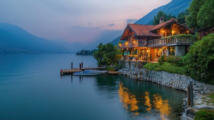 Fototapeta premium A lakeside house with a wooden dock, glowing lights, and mountains in the background. This image is perfect for showcasing the beauty of nature and a tranquil lifestyle.
