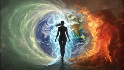 Silhouette of woman surrounded by elements of earth, fire, and water.
