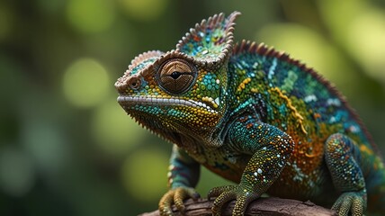 Obraz premium A vibrant green chameleon with a blue and orange pattern, perched on a branch, looking to the side.