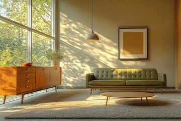 A minimalist interior, a mid century modern interior in the living room of a well-lit house with a green sofa and wood cabinet. Generative AI
