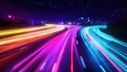 Nighttime Highway with Colorful Light Trails