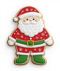 A cartoon-style full-body Santa Claus Christmas cookie sticker with a straight face, red shirt, green belt, and boots, decorated with snowflakes and stars
