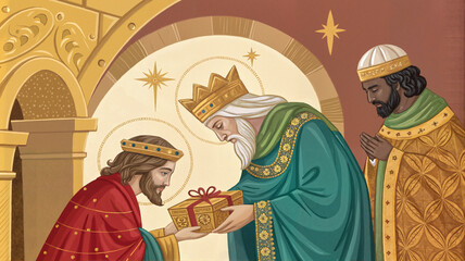 Obraz premium The Three Wise Men offering gifts in a traditional nativity scene. 