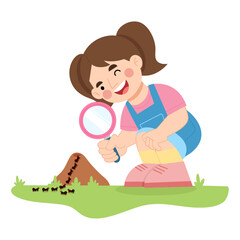 Girl observing ants with magnifying glass cartoon illustration