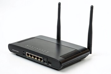 High-Resolution Image of a Black WiFi Router Isolated on a White Background, Showcasing Modern Internet Communication Hardware for Online Connectivity Solutions