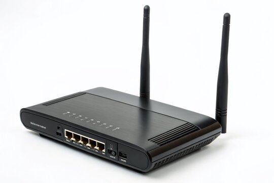 High-Resolution Image of a Black WiFi Router Isolated on a White Background, Showcasing Modern Internet Communication Hardware for Online Connectivity Solutions
