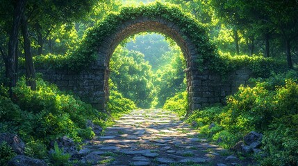 A serene stone archway covered in greenery leads into a lush forest path.