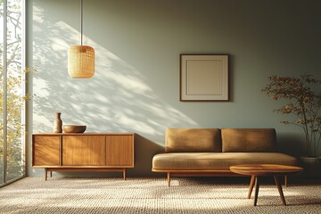 A living room with minimalist, pendant lighting and a combination of Scandinavian and mid century modern interiors with sofa and wood cabinet. Generative AI
