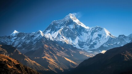 A stunning view of a snow-capped mountain range with a blue sky.
