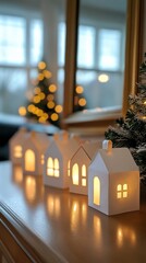 Charming winter decoration featuring illuminated paper houses by a festive tree in a cozy setting