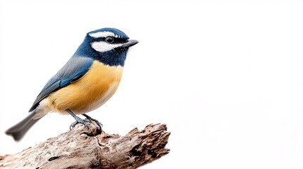 Fototapeta premium Vivid and captivating image of a small bird perched on a weathered branch against a clean white backdrop. Ideal for nature lovers, ornithologists, and wildlife enthusiasts.