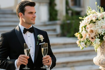 A groom in his tuxedo holding two glasses of champagne, with the bride's hand...