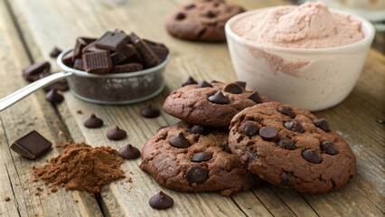 Fototapeta premium Indulge in Delicious Chocolate Cookies Packed with Protein Powder for a Healthy Treat – Perfect for Fitness Enthusiasts and Snack Lovers Alike