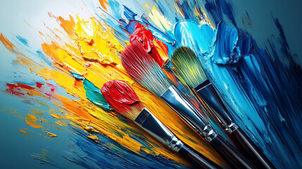 Obraz premium The image shows three paintbrushes with vibrant, textured paint on their bristles, arranged diagonally across a colorful background. 