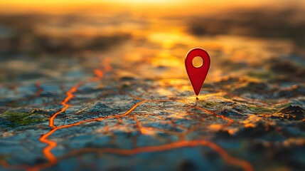 Map Illustration with Red Pin in Golden Sunset Light