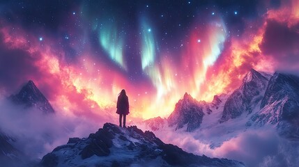 A lone figure stands on a snowy mountain peak, gazing up at a vibrant aurora borealis display in the night sky.
