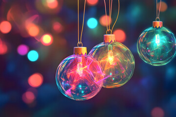 Fototapeta premium Vibrant Christmas Ornaments with Colorful Bokeh Lights Background