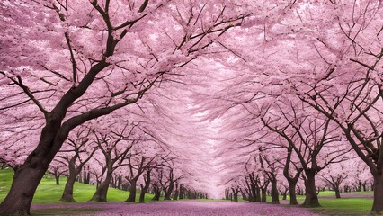 Spring cherry blossom trees in full bloom pink petals filling the scene, AI Generated