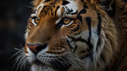 Obraz premium Close-up portrait of a majestic tiger with intense amber eyes, looking off to the side.